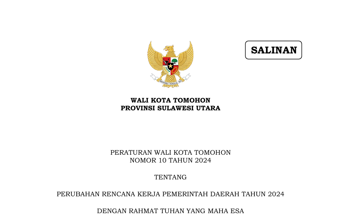 Peraturan Wali Kota Tomohon Nomor 10 Tahun 2024 Tentang Perubahan Rencana Kerja Pemerintah Daerah Tahun 2024